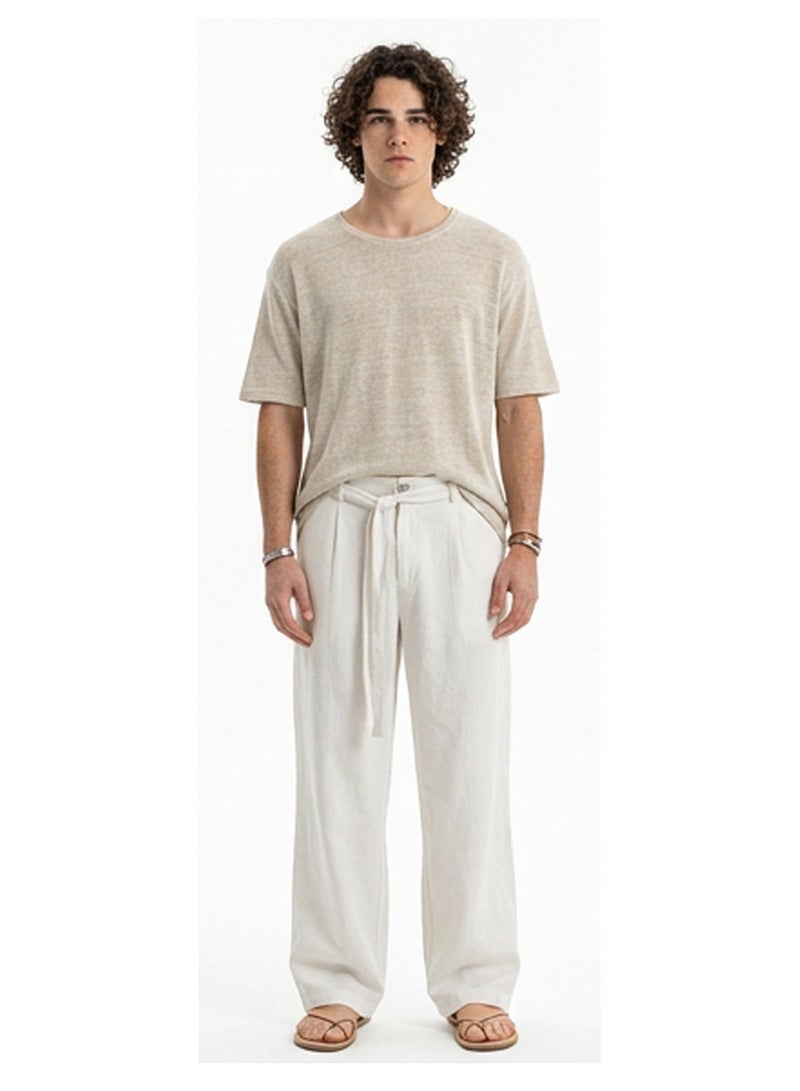 RAVIN Off-White Wide-Leg Linen Blend Tie-Waist Trousers - Image 3