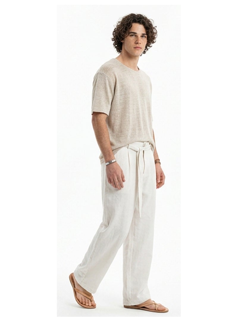 RAVIN Off-White Wide-Leg Linen Blend Tie-Waist Trousers - Image 4