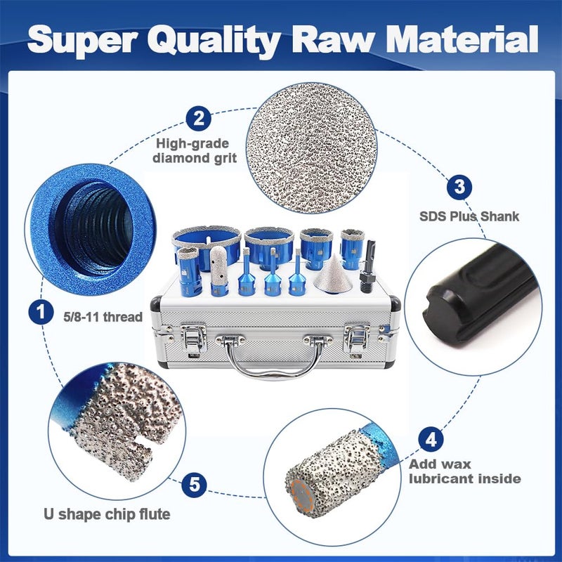 BRSCHNITT Diamond Core Drill Bit Set - 6/6/8/25/35/50/75/100mm Tile Hole Saw Kit for Porcelain Tile Ceramic Marble Granite Drilling&Chamfer Finger Bit&Adapter - Image 5