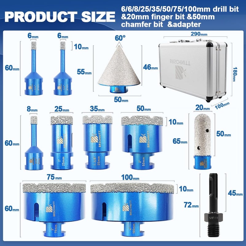 BRSCHNITT Diamond Core Drill Bit Set - 6/6/8/25/35/50/75/100mm Tile Hole Saw Kit for Porcelain Tile Ceramic Marble Granite Drilling&Chamfer Finger Bit&Adapter - Image 2