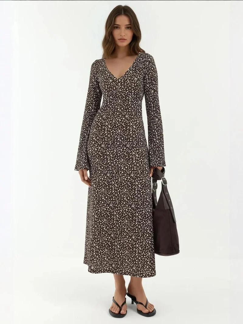 HICCUP Elegant Flower Printed V-neck Bodycon Maxi Dress