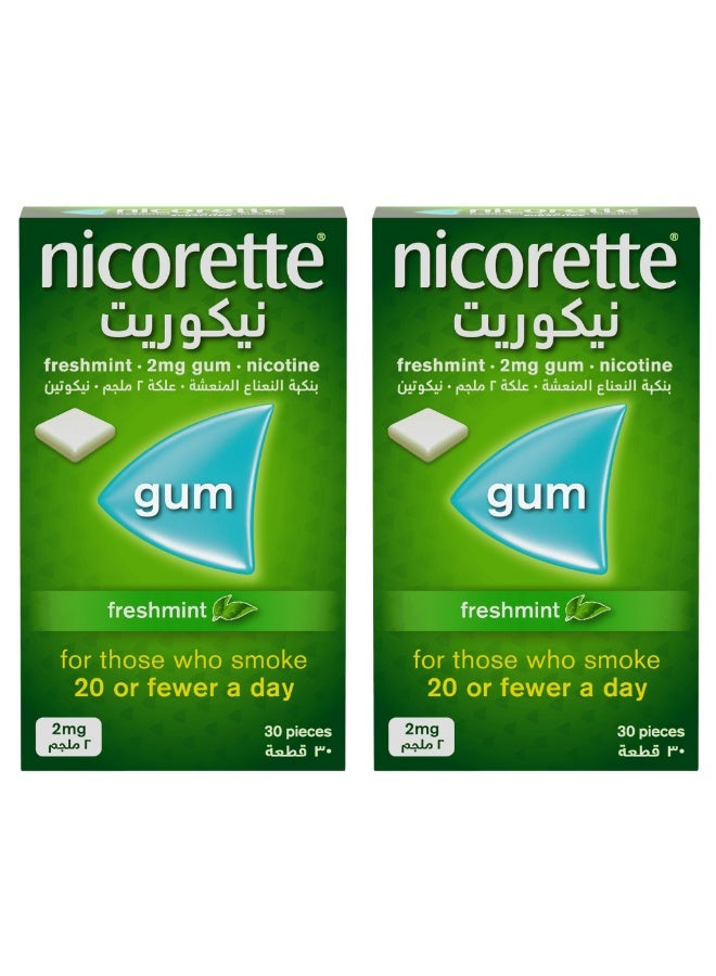 nicorette Pack of 2 Nicorette 2mg Nicotine Gum Fresh Mint Flavor Sugar Free 30 Pieces - Image 1