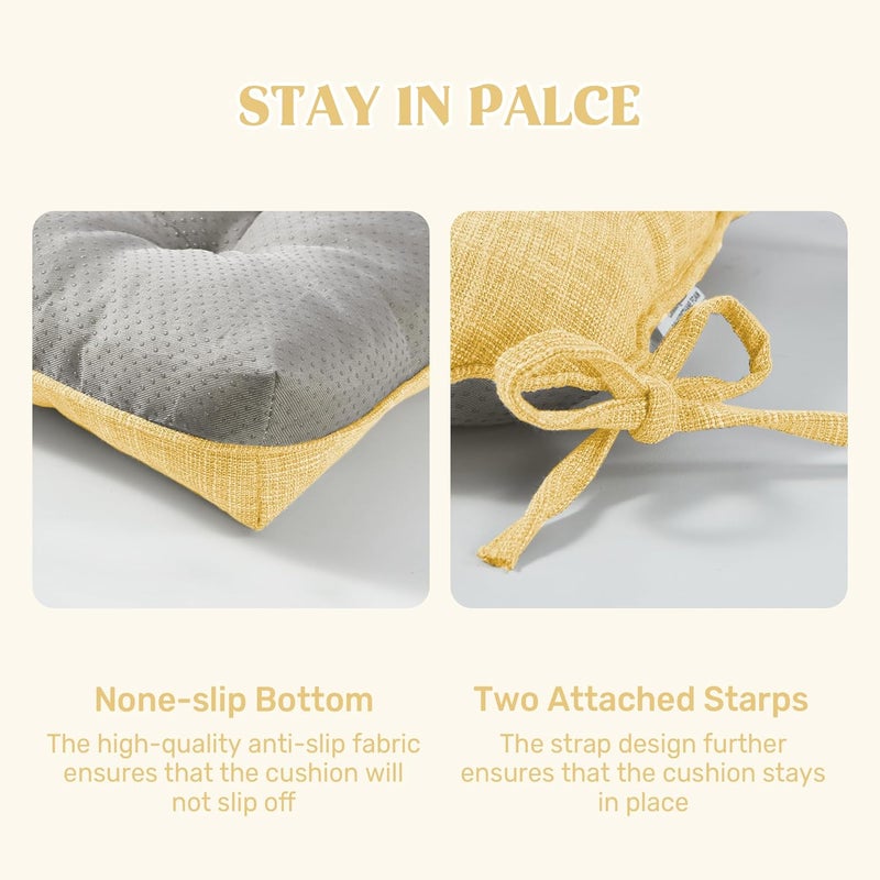 puredown ® Chair Cushions for Dining Chairs, Tufted Memory Foam Chair Pads with Non-Slip Backing, Kitchen Seat Cushions with Ties, Washable Pads Set of 4, 15.5" x 15.5" x 4", Yellow - Image 5