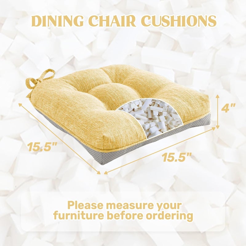 puredown ® Chair Cushions for Dining Chairs, Tufted Memory Foam Chair Pads with Non-Slip Backing, Kitchen Seat Cushions with Ties, Washable Pads Set of 4, 15.5" x 15.5" x 4", Yellow - Image 2