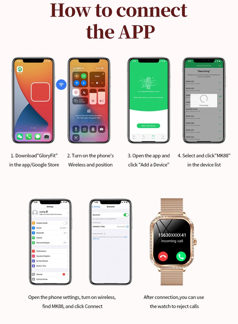 رولستيمي السيدات / النساء بلوتوث ساعة ذكية ، ساعة ذكية يمكن ارتداؤها ، 1.75 بوصة كامل شاشة تعمل باللمس ، تفت شاشة عالية الوضوح مع 240 * 296 القرار ، وسائط رياضية متعددة ، تذكير الصحة ، الشحن المغناطيسي ، رت ام كيه 88 - Image 4