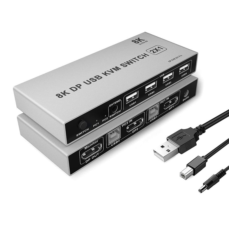 Microware مفتاح KVM 2X1 8K DisplayPort 2 منفذ 8K 60Hz USB و DP لمشاركة لوحة المفاتيح والفأرة والطابعة والشاشة لجهاز الكمبيوتر المحمول - Image 1