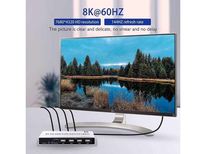 Microware مفتاح KVM 2X1 8K DisplayPort 2 منفذ 8K 60Hz USB و DP لمشاركة لوحة المفاتيح والفأرة والطابعة والشاشة لجهاز الكمبيوتر المحمول - Image 2