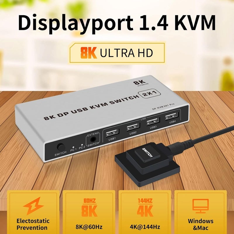 Microware مفتاح KVM 2X1 8K DisplayPort 2 منفذ 8K 60Hz USB و DP لمشاركة لوحة المفاتيح والفأرة والطابعة والشاشة لجهاز الكمبيوتر المحمول - Image 4