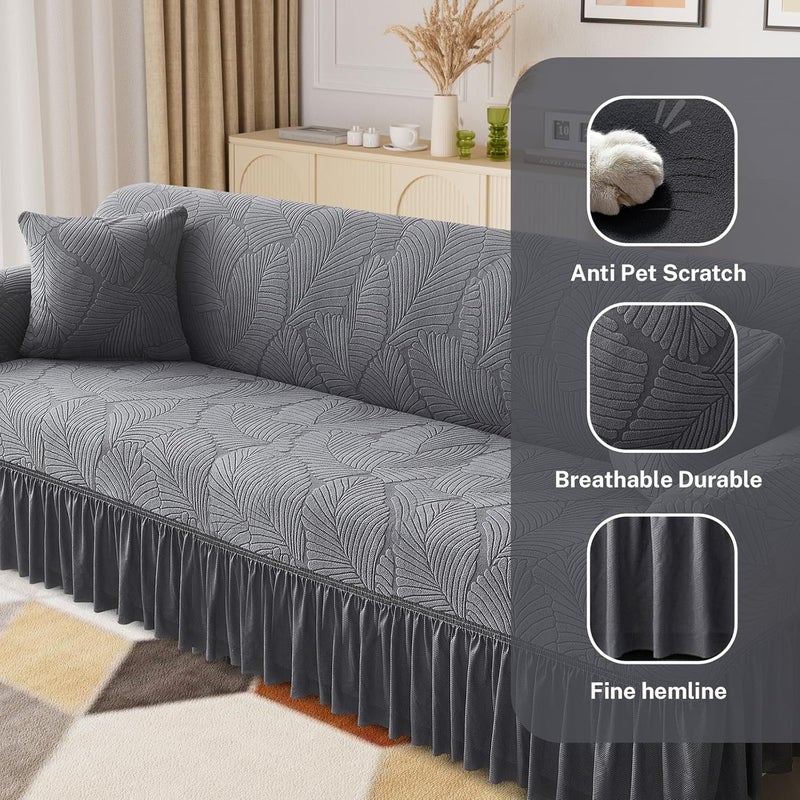 KYDTSYK Stretch Velvet Sofa Slipcover with Skirt, Textured Pattern Couch Cover, Pet - Friendly, Durable & Washable, Universal Furniture Protector for Sofa Large Size (Grey, Medium) - Image 4
