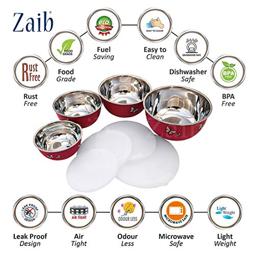 Zaib Microwave Safe Stainless Steel Food Storage Container with Lid | Euro Mixing Bowl Set for Kitchen | 500ml, 800ml, 1250ml, 2000 ml | Reheatable (4 Red Butterfly) - Image 4