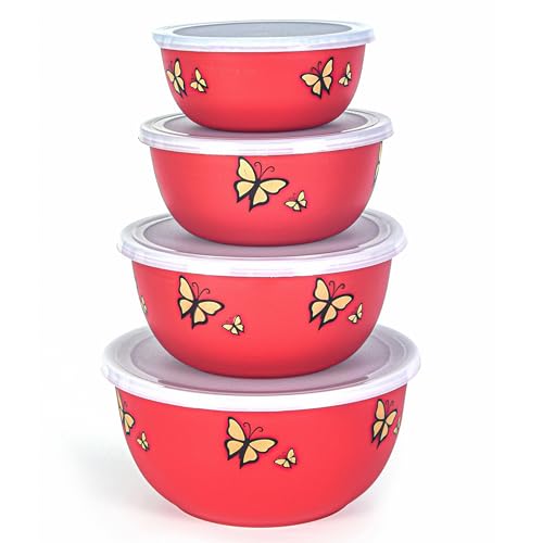 Zaib Microwave Safe Stainless Steel Food Storage Container with Lid | Euro Mixing Bowl Set for Kitchen | 500ml, 800ml, 1250ml, 2000 ml | Reheatable (4 Red Butterfly) - Image 1