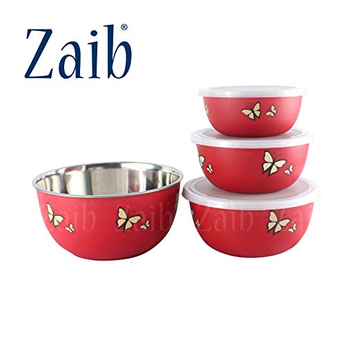 Zaib Microwave Safe Stainless Steel Food Storage Container with Lid | Euro Mixing Bowl Set for Kitchen | 500ml, 800ml, 1250ml, 2000 ml | Reheatable (4 Red Butterfly) - Image 3