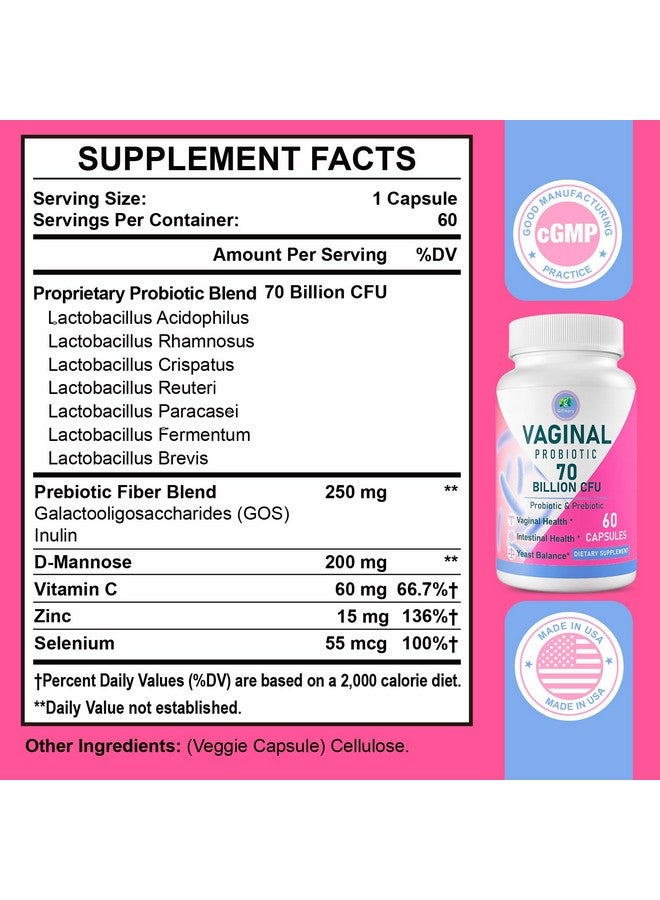 Generic Vaginal Probiotics, PH Balance for Women, 70 Billion CFUs Womens Probiotic for Vaginal Health, Urinary, Odor Control, Flor, Ph Balance & Hormone, with Prebiotic & D-Mannose - Shelf Stable, 60 Caps  - Image 2