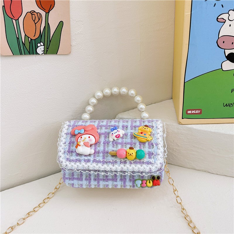 Kids Chain Strap Shoulder Bag for Autumn Winter Light purple squares 