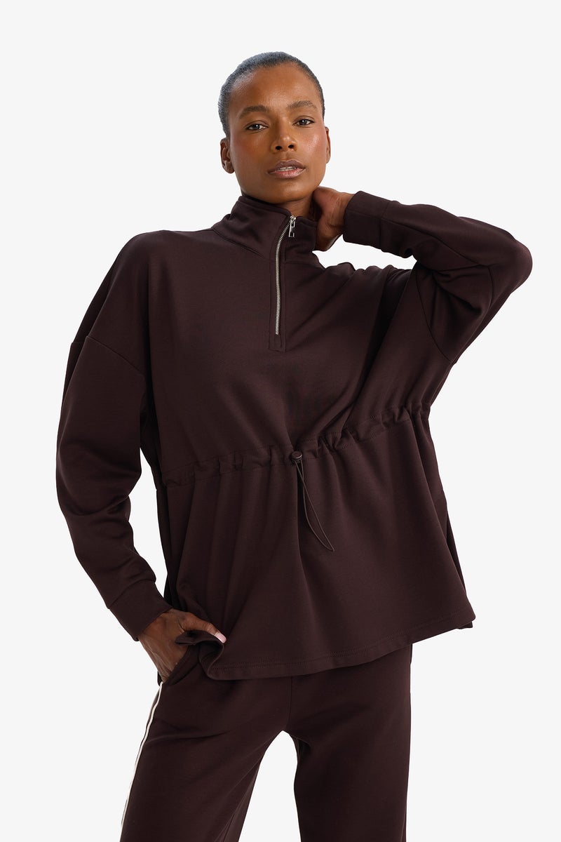 DeFacto Brown Woman High Neck Long Fit Long Sleeve Sweat Shirt Casual - Image 3