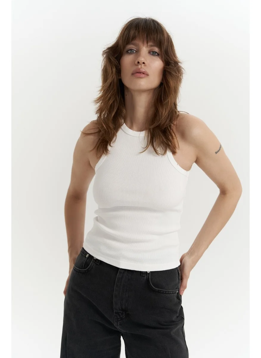 Mai Collection Bone White Washed Ribbed Crop