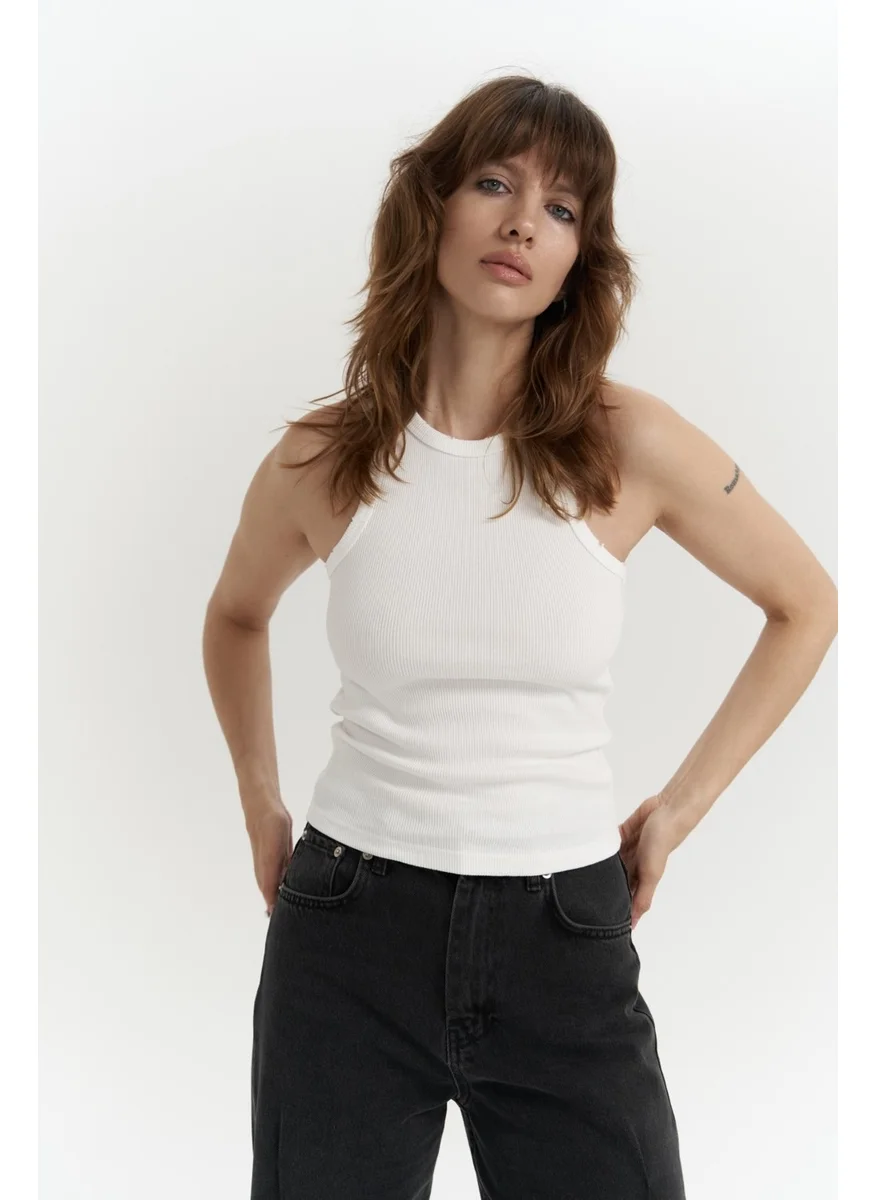 Mai Collection Bone White Washed Ribbed Crop