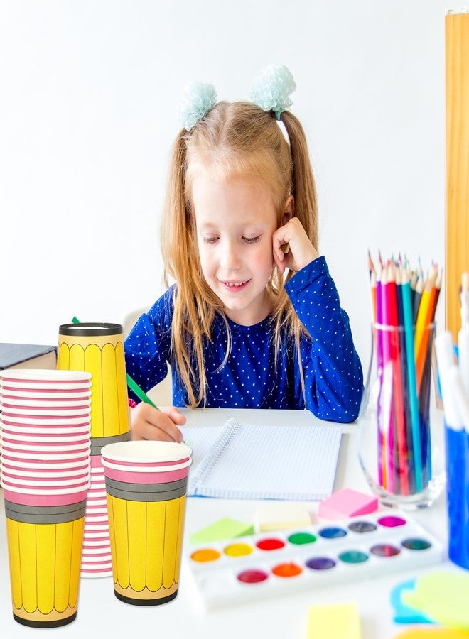 Whaline أكواب ورقية 50 قطعة من وايلين للعودة إلى المدرسة سعة 9 أونصات بتصميم قلم رصاص أصفر، أكواب قابلة للتخلص منها لموسم المدرسة، أكواب قهوة وشاي، أكواب صغيرة لطيفة للوجبات الخفيفة لحفلة اليوم الأول من المدرسة - Image 4