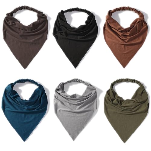 6 Pack Scarf Headband for Women Elastic Large Boho Triangle Bandana Head Scarves with Clips Non Slip Solid Color Hair Kerchief for Teen Girls