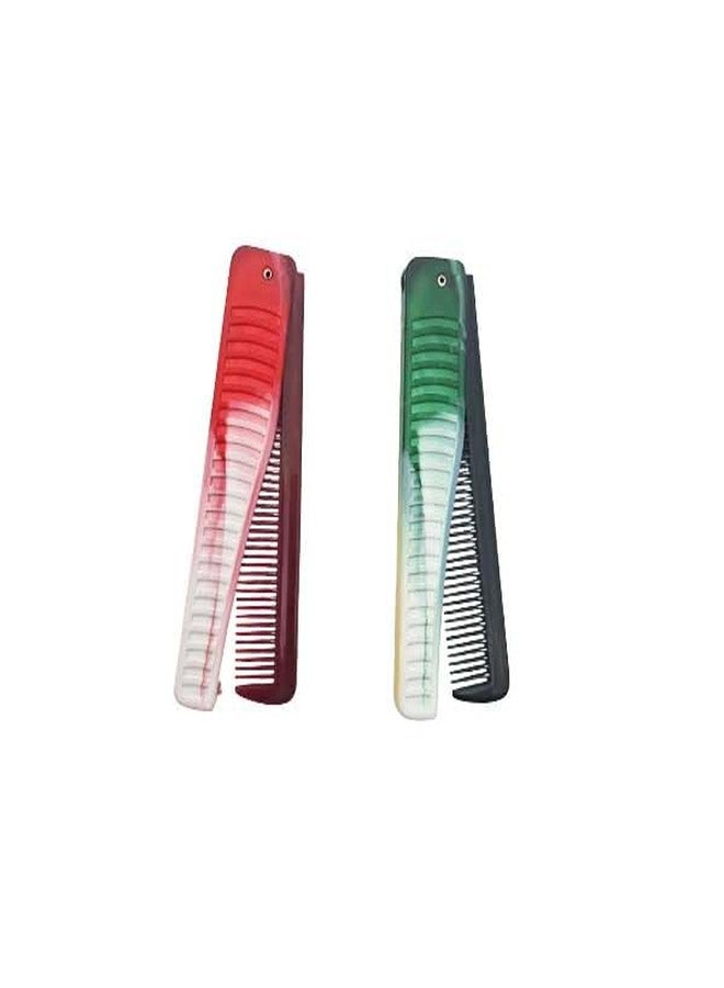 LooKat Professional Folding Hair Comb Set, Red and Green Transparent Plastic, V-Shaped Design for Styling and Grooming, 2 Pack - Image 2