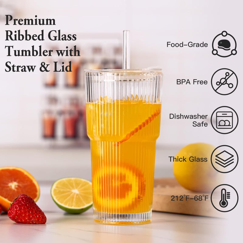 SIPBYSOP 4PCS Ribbed Glass Cups with Lids and Straws, 20oz Vintage Drinking Glasses, Aesthetic Iced Coffee Cups, Glass Tumbler for Boba, Beer, Tea, Cocktails, Ribbed Glassware Set,Clear - Image 2