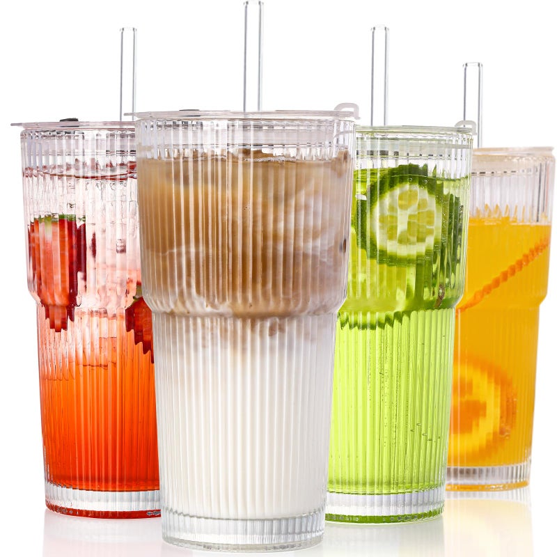 SIPBYSOP 4PCS Ribbed Glass Cups with Lids and Straws, 20oz Vintage Drinking Glasses, Aesthetic Iced Coffee Cups, Glass Tumbler for Boba, Beer, Tea, Cocktails, Ribbed Glassware Set,Clear - Image 1