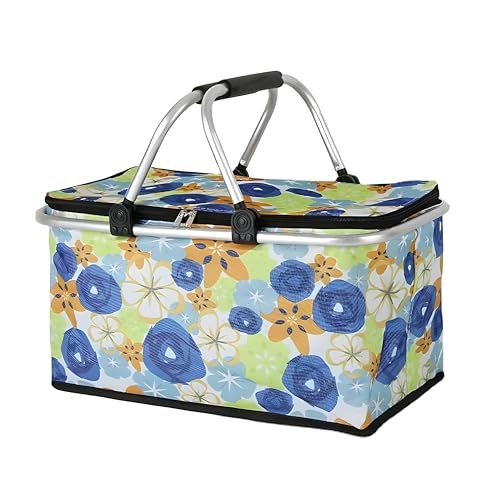 DAYANIDHI Dayanadhi Flower Print Large Picnic Basket | Collapsible Outdoor Lunch Tote Bag | Square Shopping Bag with Metal Frame & Zip | Perfect for Camping & Travel, Lake Trips or Family Vacations - Image 2