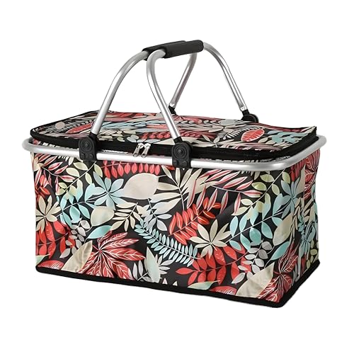 DAYANIDHI Dayanadhi Flower Print Large Picnic Basket | Collapsible Outdoor Lunch Tote Bag | Square Shopping Bag with Metal Frame & Zip | Perfect for Camping & Travel, Lake Trips or Family Vacations - Image 1