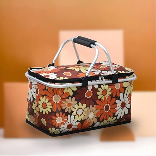 DAYANIDHI Dayanadhi Flower Print Large Picnic Basket | Collapsible Outdoor Lunch Tote Bag | Square Shopping Bag with Metal Frame & Zip | Perfect for Camping & Travel, Lake Trips or Family Vacations - Image 3