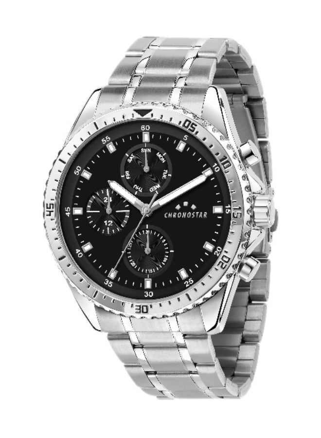 Chronostar Men's Black Round Chronograph Dial with Silver Stainless Steel Band Watch - 43.5mm - R3753311002 - Image 1