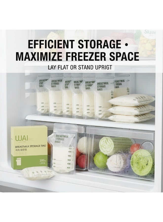 WAI 30Pcs Breast Milk Storage Bags, 200ml Milk Storage Bags, Milk Bags, BPA Free, Pre Sterilized, Self Standing Milk Storage Bags with Double Zip Seal, Flat Freezer Storage, Side Pour Spout, for Breastfeeding, Newborn and Infant, Home Night Feeding and Travel Use - Image 4