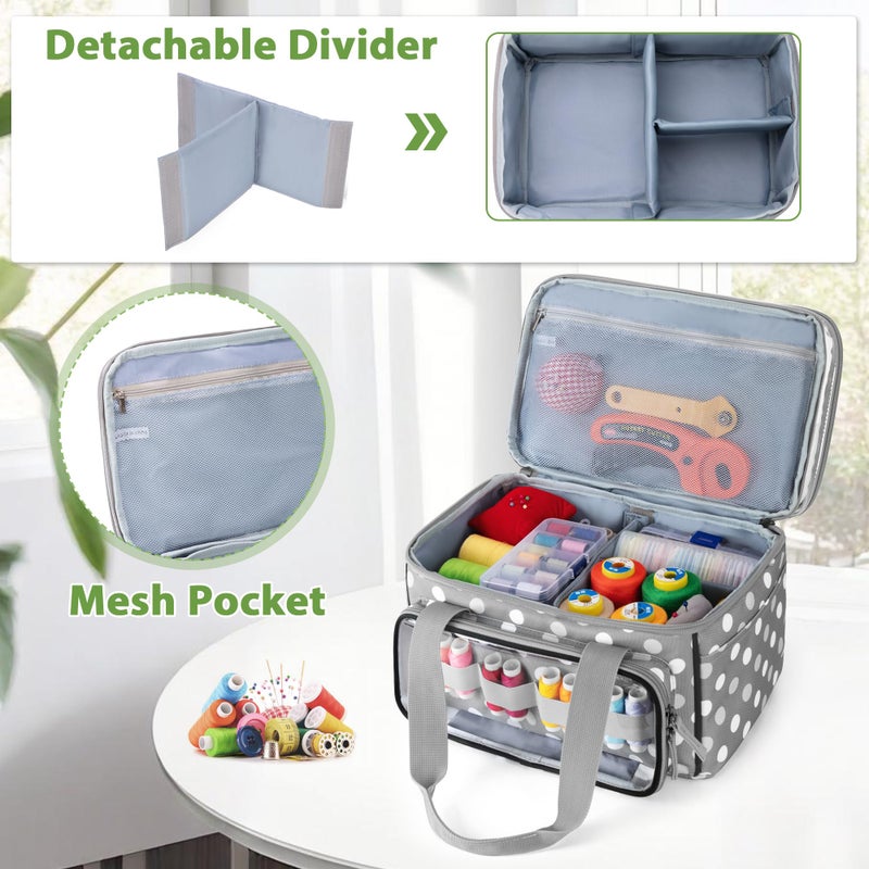 LUXJA Double-Layer Sewing Storage Organizer with Transparent Compartment, Large Sewing Organizer Bag with Detachable Divider for Sewing Supplies (Bag Only), Polka Dots - Image 3