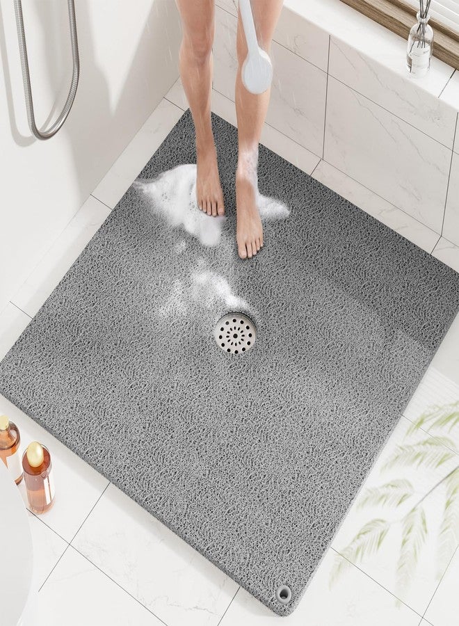HITSLAM Shower Mat, 32x32 Inch Square Non Slip Bathtub Mat, Soft PVC Loofah Bath Mat for Tub with Hanging Holes, Quick Drying Shower Floor Mat, Without Suction Cups, Grey - Image 1