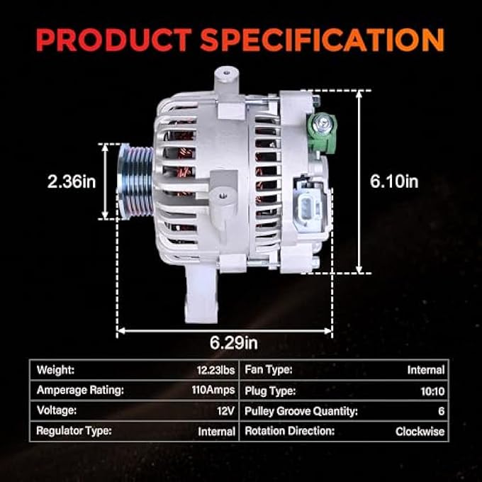 RLP Alternator 110 Amp Compatible With F150 2004-2008, V8, 4.6L, 5.4L, 4L3U-10300-BA, 4L3U-10300-BB, 4L3Z-10346-BA, 4L3Z-10346-BB, 6L3T-10300-AA - Image 2