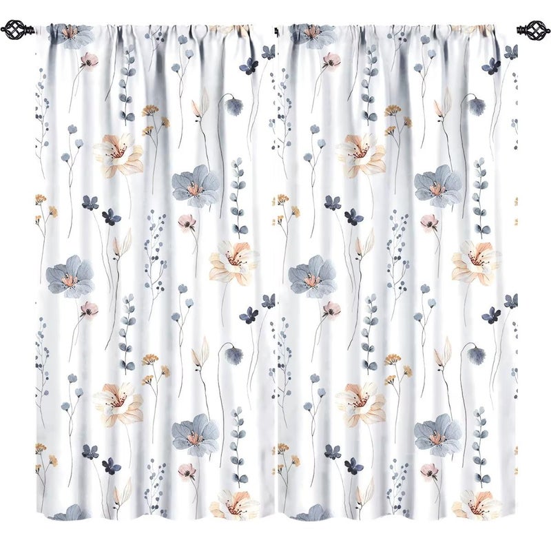 JESTRONRY Watercolor Floral Curtains, Abstract Blue Beige Flowers Branches Leaves Print Background Rod Sleeves Window Drapes for Living Room Bedroom Kitchen Home Decor W42xL45in - Image 1