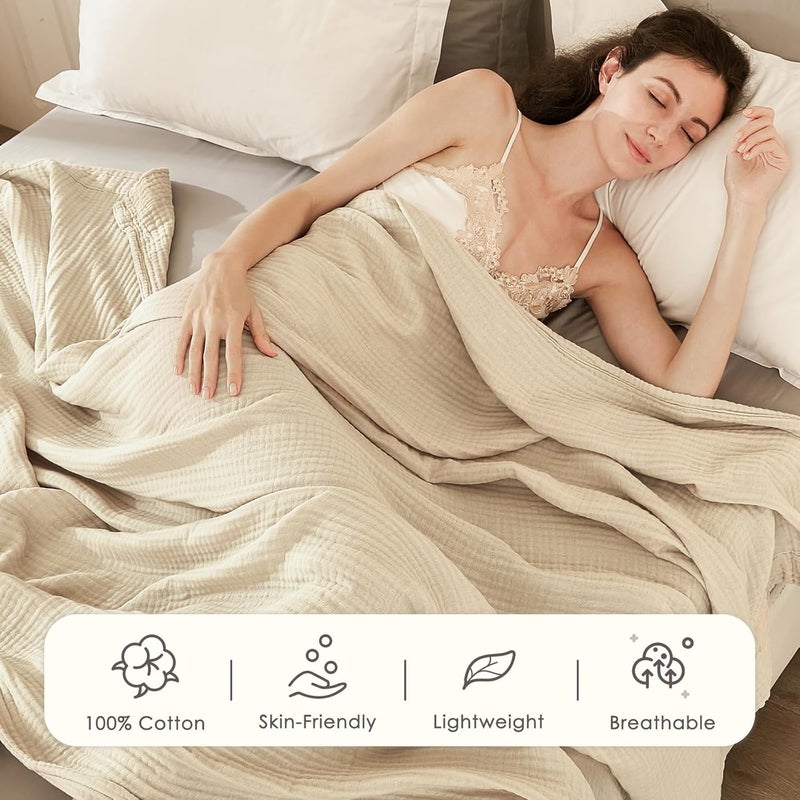 EMME Cotton Throw Blanket 100% Muslin for Couch 4-Layer Breathable Gauze All Season Soft and Lightweight Pre-Washed (Light Tan, 55"x75") - Image 2