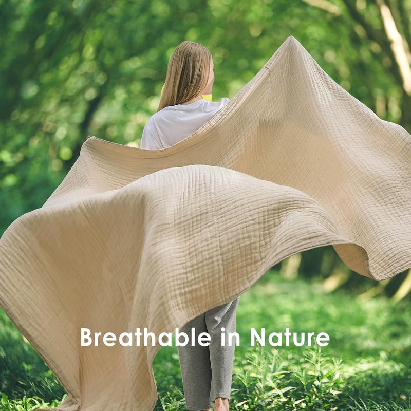 EMME Cotton Throw Blanket 100% Muslin for Couch 4-Layer Breathable Gauze All Season Soft and Lightweight Pre-Washed (Light Tan, 55"x75") - Image 5