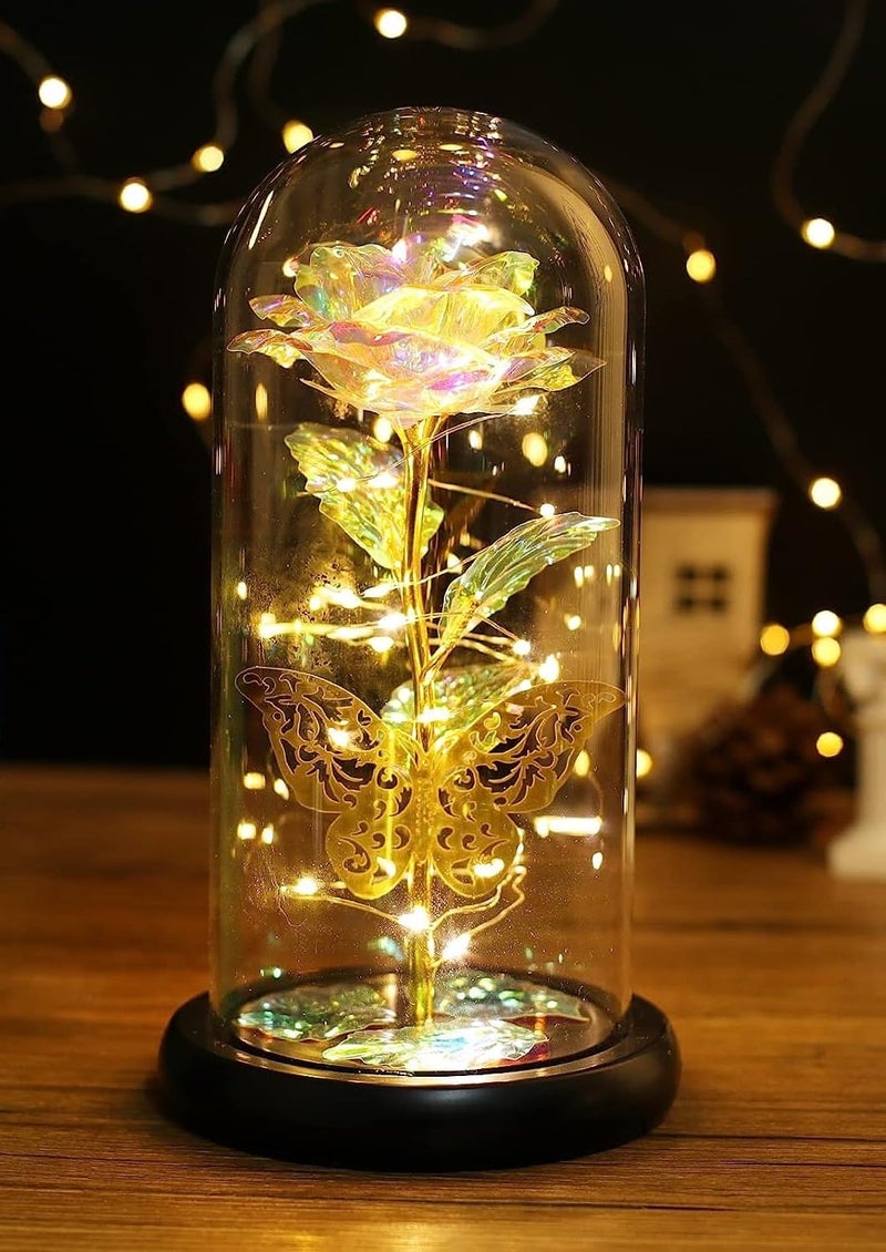 ISEAU Rose Flower Gift Forever Rose in Glass Dome Rose Light Up Flower Personalized Gifts for Mom Sisters Friend Women Valentines Day Birthday Wedding Anniversary Butterfly Rose - Image 1