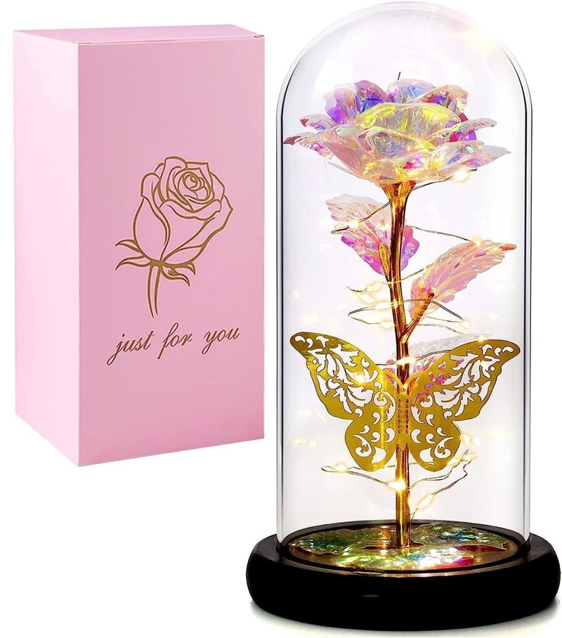 ISEAU Rose Flower Gift Forever Rose in Glass Dome Rose Light Up Flower Personalized Gifts for Mom Sisters Friend Women Valentines Day Birthday Wedding Anniversary Butterfly Rose - Image 2