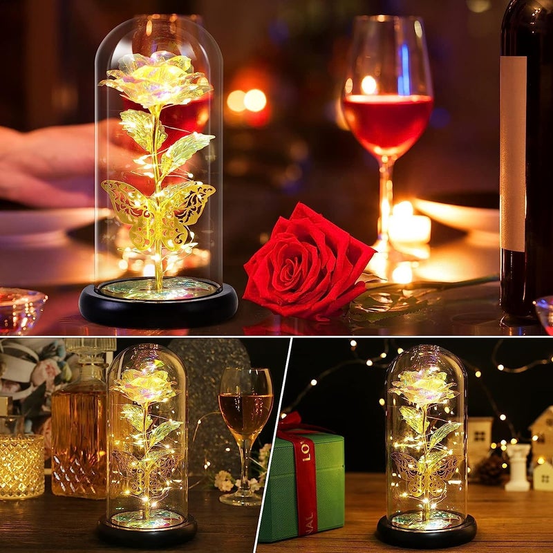 ISEAU Rose Flower Gift Forever Rose in Glass Dome Rose Light Up Flower Personalized Gifts for Mom Sisters Friend Women Valentines Day Birthday Wedding Anniversary Butterfly Rose - Image 4