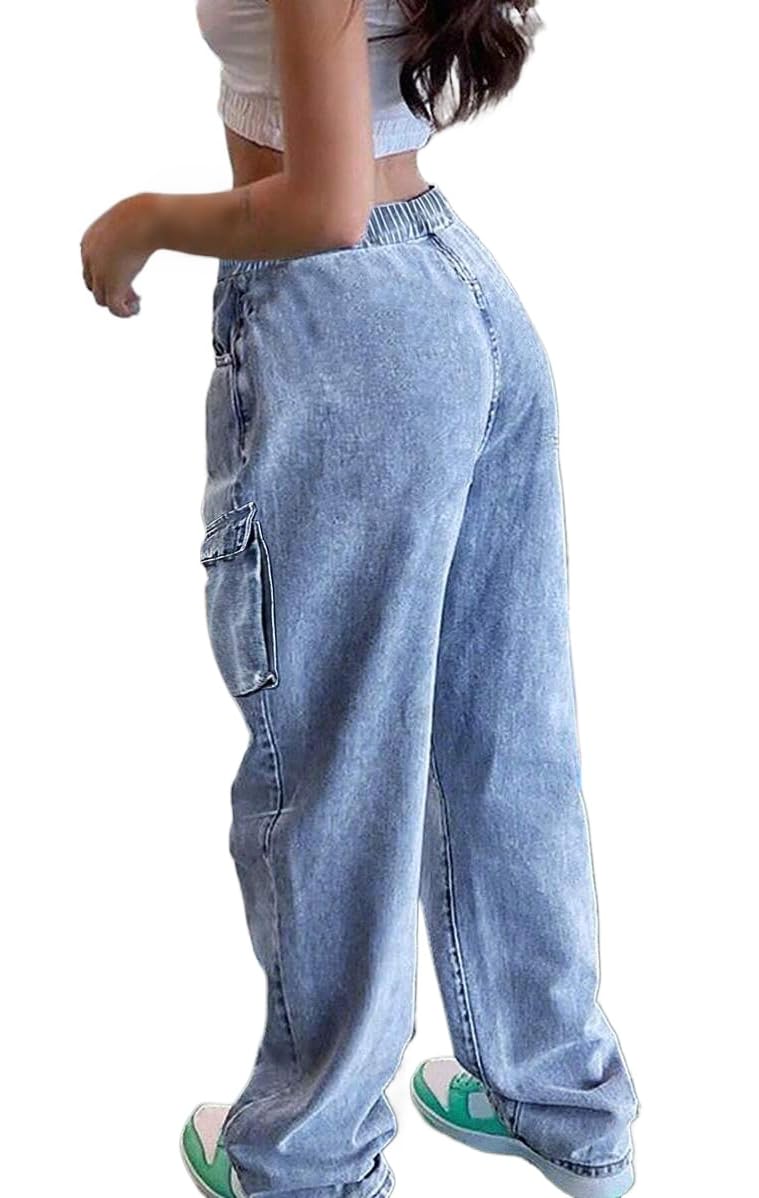 CaniBtr Cargo Jeans for Women Wide Leg Drawstring High Elastic Waisted Stretch Multi Pockets Baggy Denim Cargo Pant LightBlue XL - Image 1
