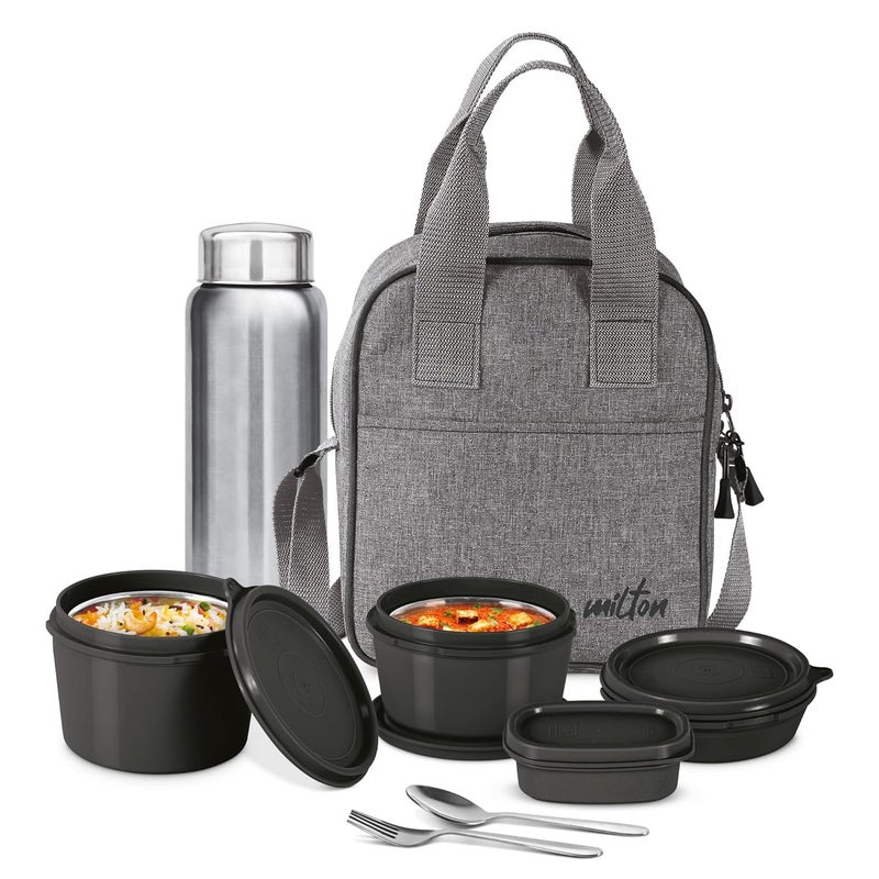 Milton MILTON Savor Lunch Box with Insulated Jacket 3 Inner Stainless Steel Containers 180ml 320ml 450ml Steel Bottle 750ml 100ml Chutney Dabba Spoon Fork Microwaveable LeakProof Tiffin Black  - Image 1