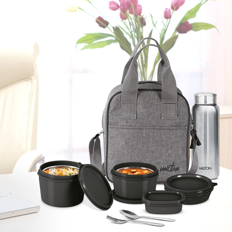 Milton MILTON Savor Lunch Box with Insulated Jacket 3 Inner Stainless Steel Containers 180ml 320ml 450ml Steel Bottle 750ml 100ml Chutney Dabba Spoon Fork Microwaveable LeakProof Tiffin Black  - Image 5
