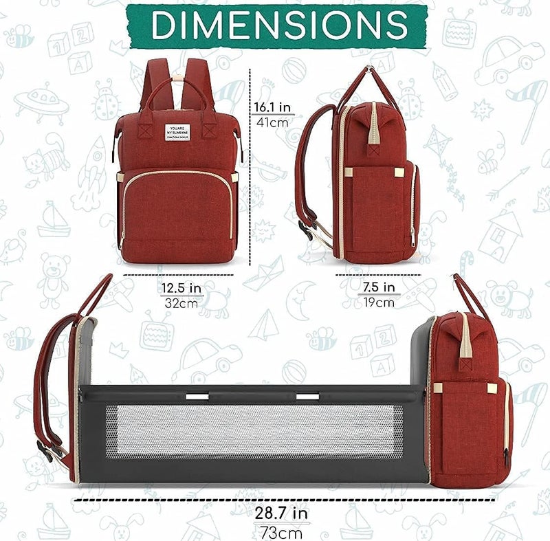 Generic 3 in 1 Diaper Backpack with Portable Baby Sleeping Bassinet and Changing Mat, Unisex Fashion Design, Maroon Red - Image 5