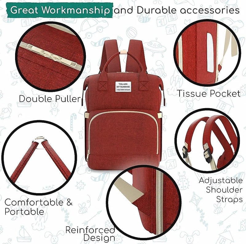 Generic 3 in 1 Diaper Backpack with Portable Baby Sleeping Bassinet and Changing Mat, Unisex Fashion Design, Maroon Red - Image 2