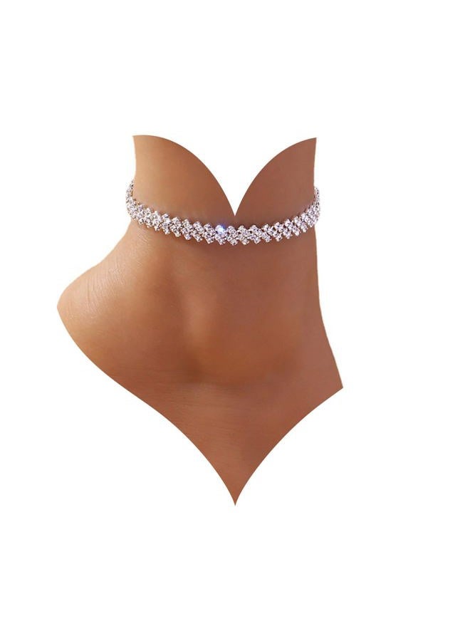 Zeshimb Boho Tennis Ankle Bracelets for Women Silver Rhinestone Tennis Chain Anklet Personality Rhombus CZ Diamond Anklet Summer Beach Tennis Ankle Chain Foot Jewelry for Women - Image 1