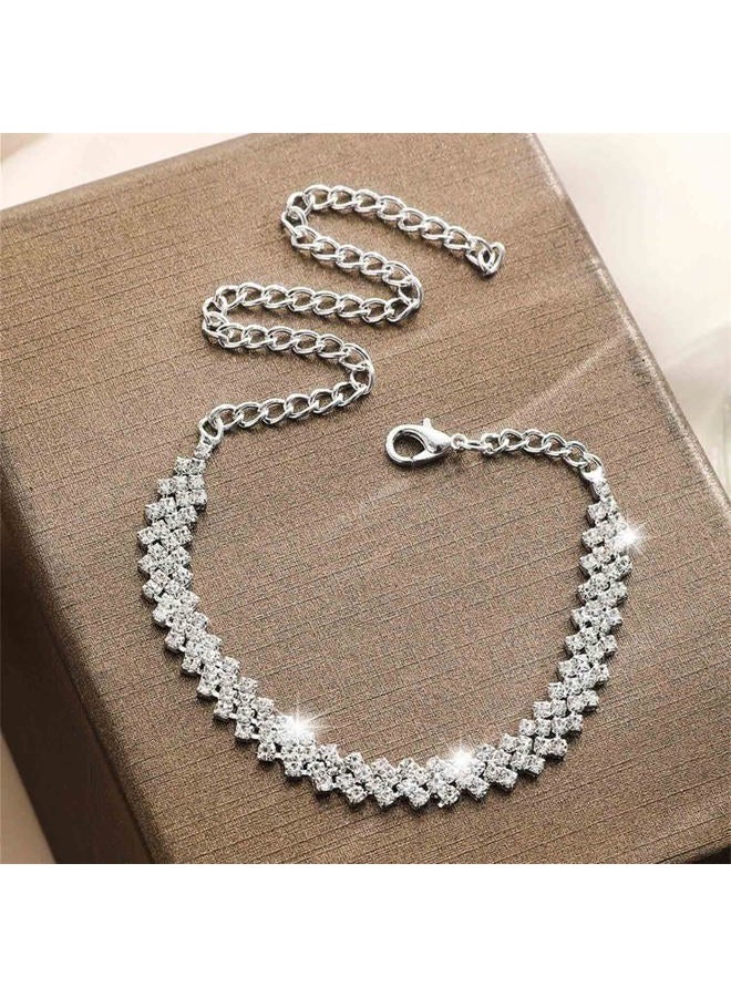 Zeshimb Boho Tennis Ankle Bracelets for Women Silver Rhinestone Tennis Chain Anklet Personality Rhombus CZ Diamond Anklet Summer Beach Tennis Ankle Chain Foot Jewelry for Women - Image 2