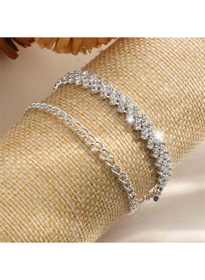 Zeshimb Boho Tennis Ankle Bracelets for Women Silver Rhinestone Tennis Chain Anklet Personality Rhombus CZ Diamond Anklet Summer Beach Tennis Ankle Chain Foot Jewelry for Women - Image 5