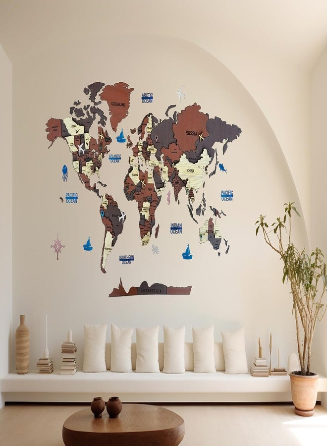 Elk 3D Wooden World Map Wall Decor with Country Names & Capitals | Premium Multilayer Laser Cut Wall Art | Easy DIY Installation | Travel Theme Home Decor for Living Room, Office - Image 1