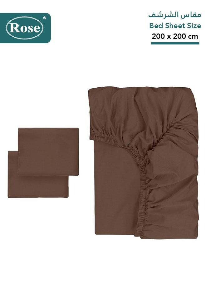 Rose Rose Luxurious Plain Fitted Sheet with Deep Pockets and Pillow Cases, Bed Sheet 3-Pieces Set, Soft & Cozy Microfiber Breathable and Cooling, King Size 200x200+38 cm, Dark Brown  - Image 2